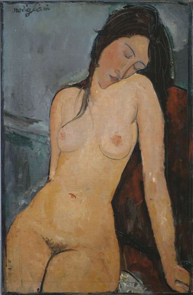 Courtauld 10 Amedeo Modigliani - Female Nude 10. Amedeo Modigliani - Female nude. 1916, 92cm x 60cm. Modigliani�s nudes were shocking in their time because they are close-up in the viewers face and are about naked women and nothing more The sleepy nude painting exhibits the preciseness of the sloping torso - the rising of the shoulder to support the blushing cheek and long chin of the drooping head; the thickness of the haunch and thigh which softly take the weight of the oblique posture, upright but half-asleep..
